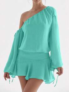 2026 Summer Spring New Fashion Sheer Off Shoulder Long Sleeve Ruffled Hem Dress High Street Style Elegant Dress - Green - View 8