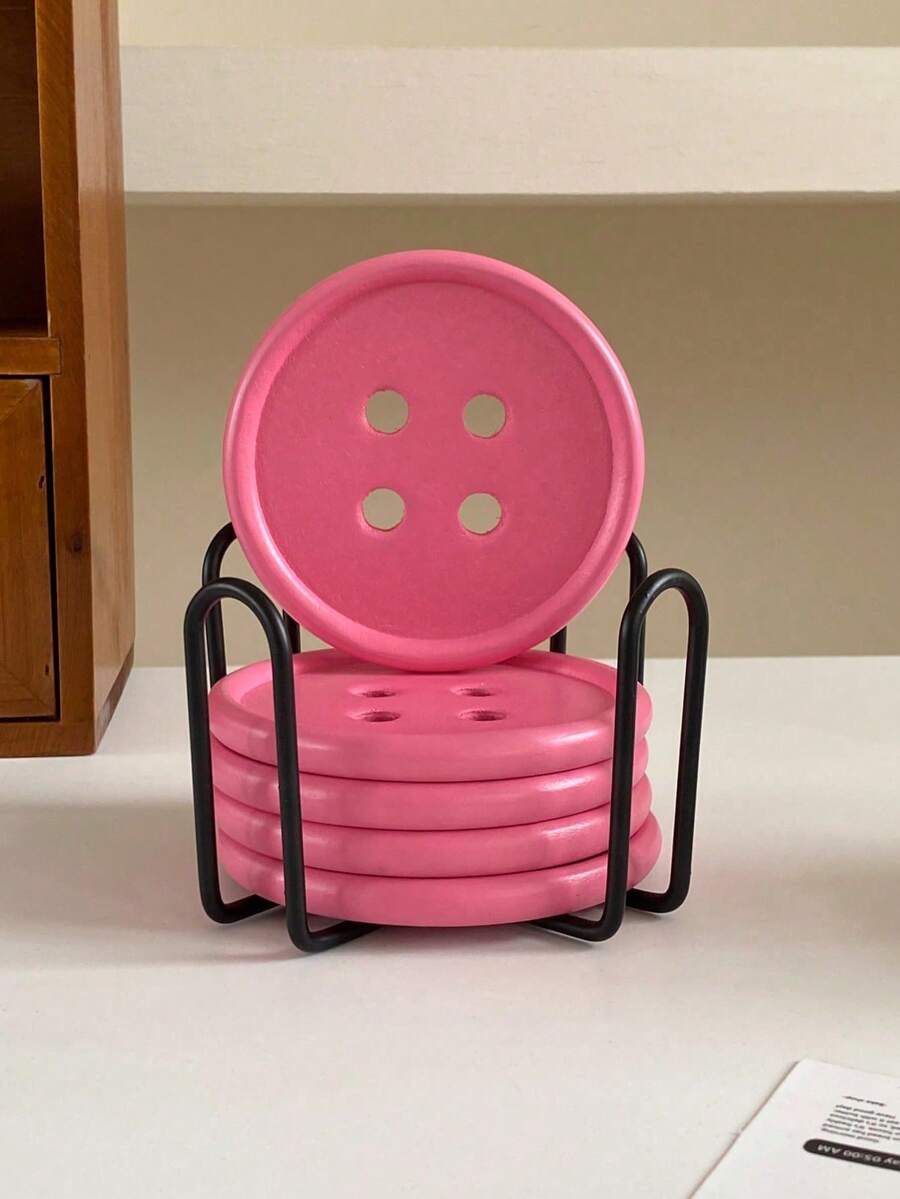 2026 Set Of 6 Colorful Wooden Coasters With Iron Stand, Home Decor Restaurant Cafe Gift For Friends - Pink - View 1