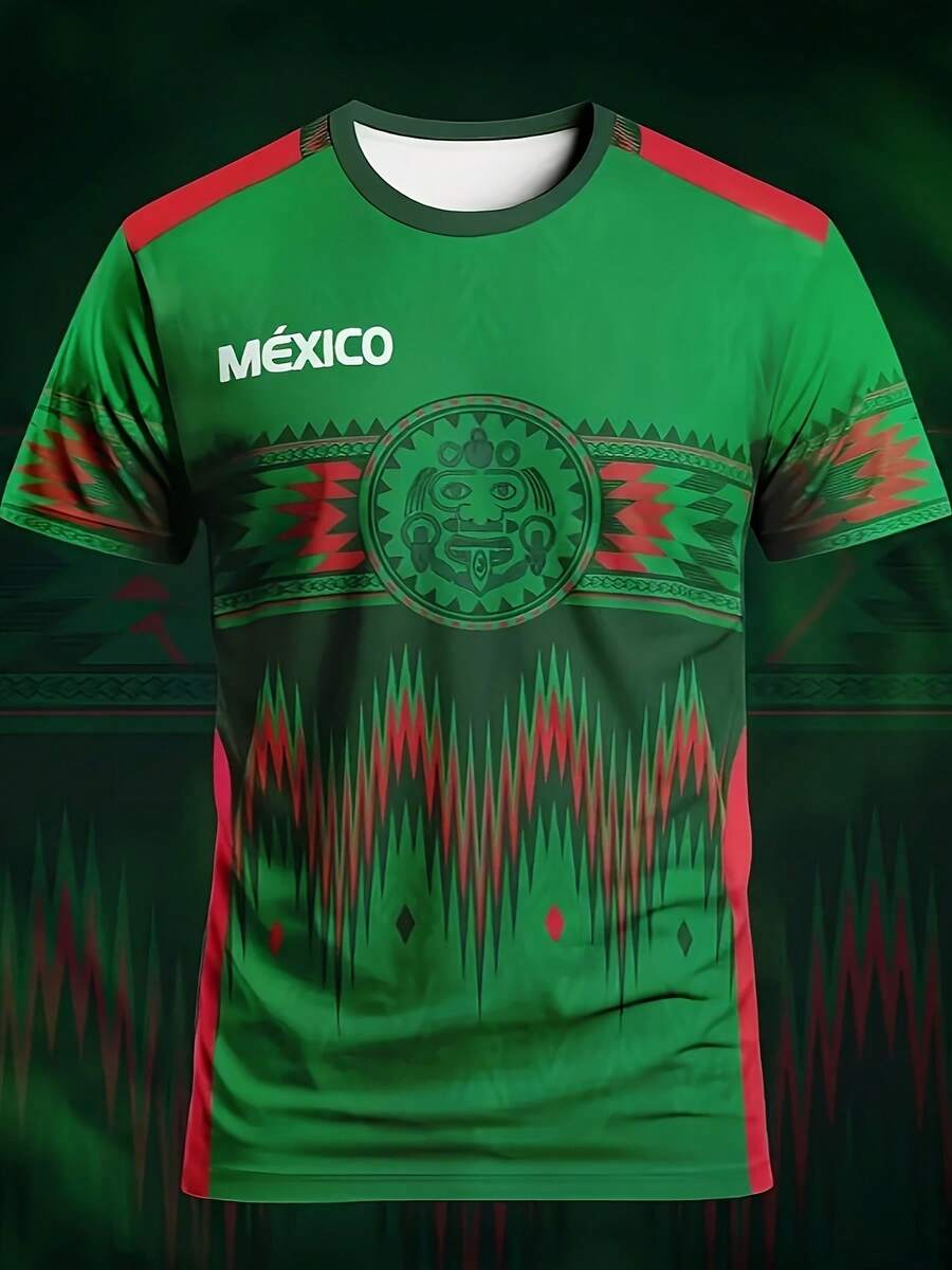 Men's Summer Football T-Shirt, Breathable, Short-Sleeved, Loose-Fitting, Moisture-Wicking. Round Neck, Washable. Youthful Style, Printed. Suitable For Everyday Wear Or On The Pitch. - 綠色 - 查看 1