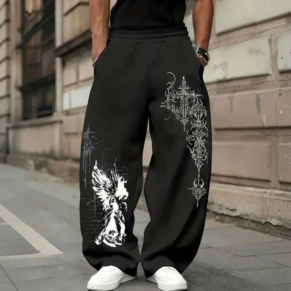Calça Wide Leg Masculina Estampada Com Estampa Estilosa de Cruz Pássaro Escritas Streetwear Roupa de Rua Hip-hop Para O Inverno