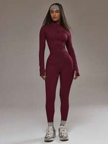 Sport Leggings sin costuras de talle alto, solo parte inferior, ropa deportiva de invierno para pádel, gimnasio y entrenamiento - Burdeos - Ver 1