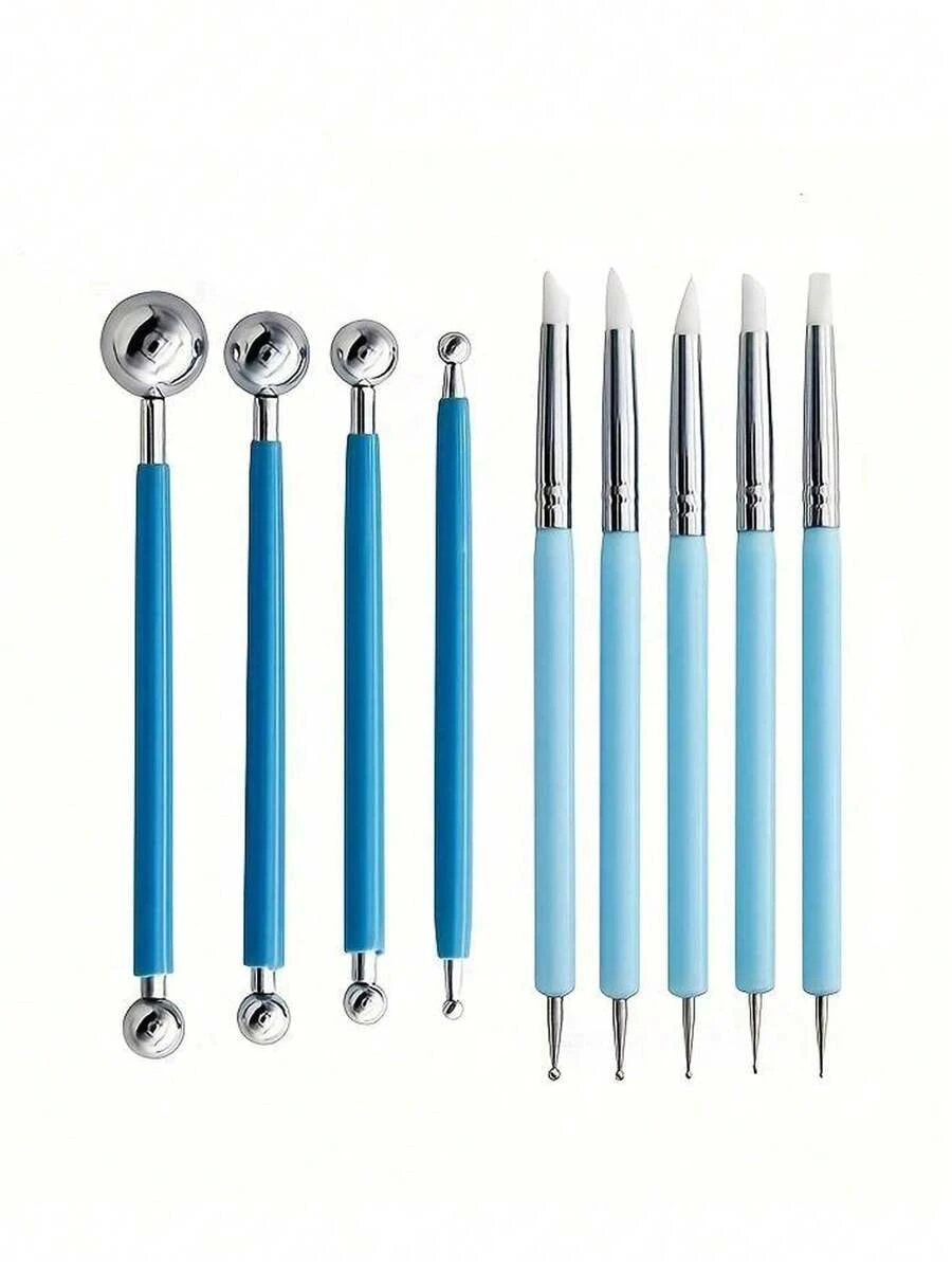 9件雕刻工具組,含5件雙頭工具,共10種不同DIY矽膠與陶瓷黏土壓印工具,加4件雙頭金屬球工具,陶瓷黏土球造型點繪筆,適用於岩石、美甲、調色、繪畫、塑形與陶藝壓花 - 彩色 - 查看 1