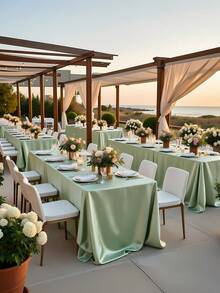 1pc Rectangular Tablecloth, Non-Fading Satin Tablecloth, Suitable For High-End Hotel Banquets, Wedding Banquets, Restaurant Party Decorations - Sage Green - View 4