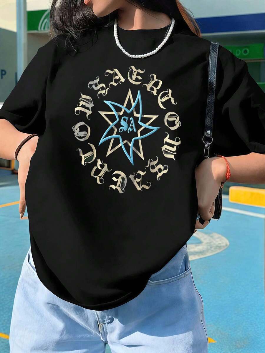 Camiseta negra vintage con estampado gráfico para mujer, 100% algodón, corte relajado, estilo casual, cómoda, dise?o gráfico. - Negro - Ver 1