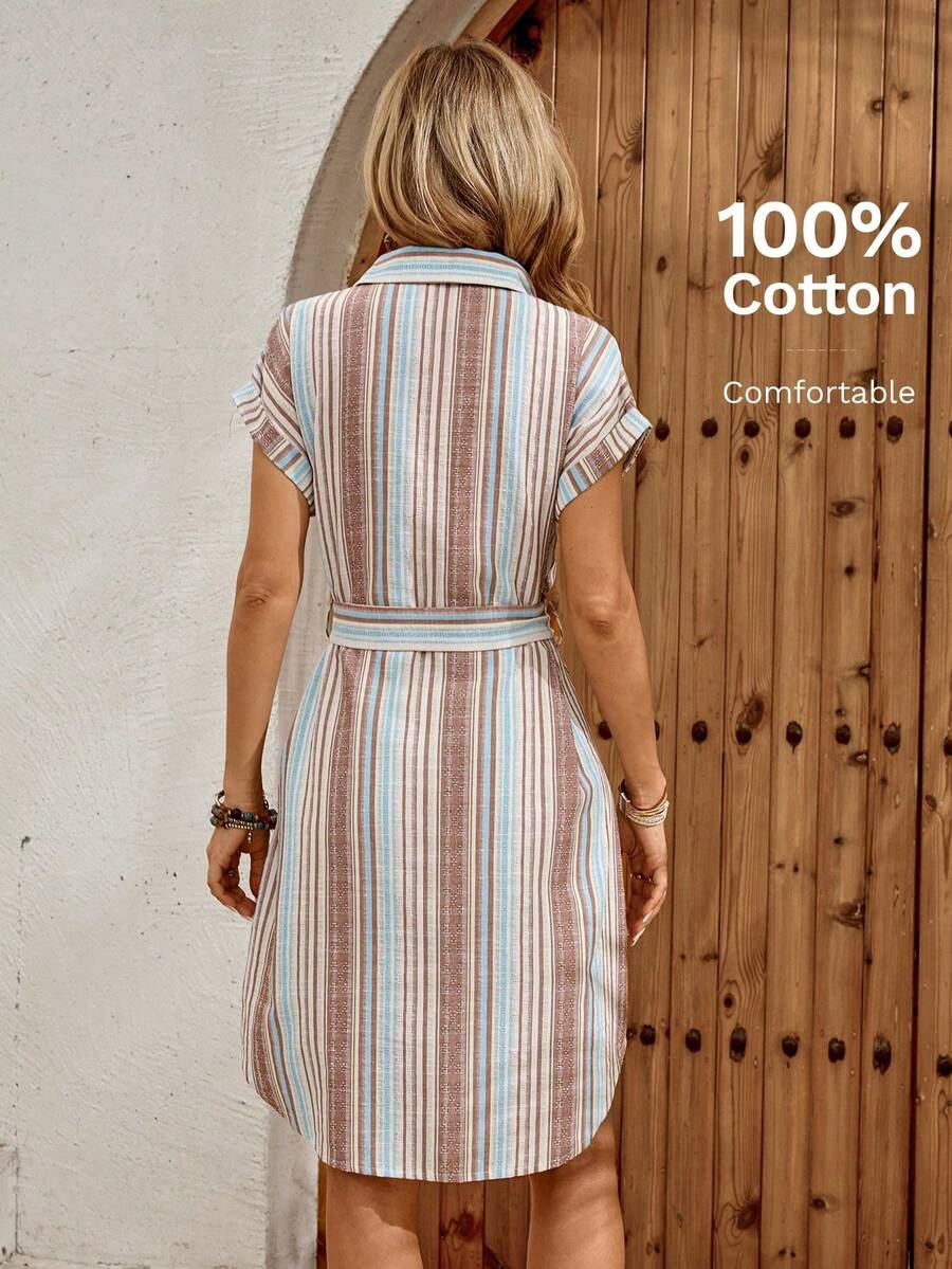 Vestido camisero con botones y rayas para mujer, estilo casual para vacaciones, precio accesible EKH2 - Multicolor 2 - Ver 1