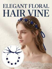 Diadema elegante de mujer con enredadera floral de rosas, perlas y cristales, lazo de cinta, accesorios para el cabello de novia y boda para fiesta, accesorios de dama de honor con cinta - Multicolor - Ver 10