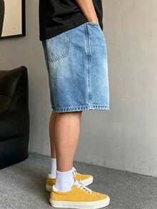 青少年男孩休閒風口袋牛仔短褲，簡約時尚 - 中等水洗藍 - 查看 5