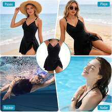 Trajes de Baño Mujer, Trajes de Baño Mujer Natacion y Ajustado, Traje de Baño Completo Mujer con Falda Elegante, Traje de Baño Mujer con Control Abdominal para Playa Piscina Surf - Negro - Ver 2