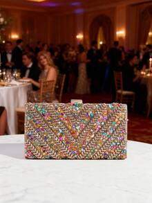 Handmade Evening Clutch/Handbag With Glitter And Rhinestone Embellishments, Party Bag, Cosmetic Bag, Shoulder Bag With Strap, Fashion Handbag - 米色 - 查看 2