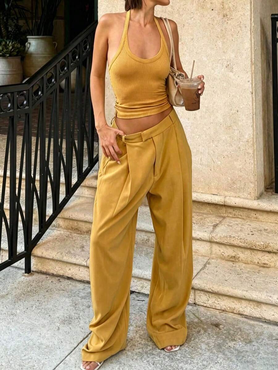 Spring/Autumn Casual Basic Minimalist U-Neck Ribbed Knit Tank Top + Wide Leg Straight Pants Women's 2 Pieces Set