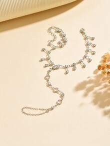 1pc Minimalist Personalized Versatile Inlaid White Faux Rhinestone Tassel Finger Bracelet, Fashionable Elegant Micro-Inlaid Rhinestone Tassel Bracelet Ring Chain Suitable For Women's Daily, Vacation, Banquet Wear (Rhinestone Quantity And Position Random) - Silver - View 5