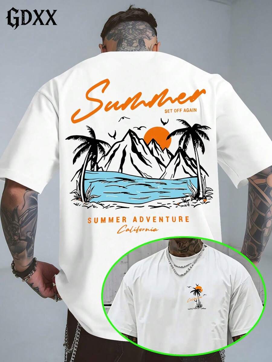 Plus-Size Men's California Summer Adventure T Shirt, Casual Streetwear Summer Daily Wear For Men,Outdoor Hiking Camping Casual Tee-Vintage Street Style Unisexoose Cotton Short Sleeve Crew Ne - 白色 - 查看 1