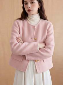 2026 Autumn/Winter New Wool Blend Jacket, Fresh & Compact, Versatile Double-Breasted Solid Color Coat - Baby Pink - View 9