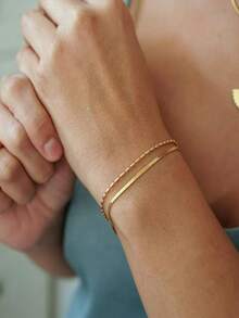 1pc Stainless Steel Double Layer Stacked Gold Snake Chain + Rice Bead Bracelet, Minimalist Cold Style Fashion Design Elegant High-End Daily Commute Versatile Women's Jewelry - Gold - View 1