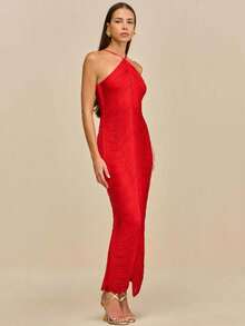 Vestido largo de fiesta con flecos, escote halter y abertura trasera - Rojo - Ver 2
