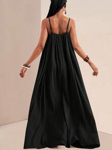 Vestido largo verde para mujer, con tirantes finos y escote cuadrado, estilo holgado casual - Negro - Ver 5