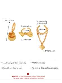 1 Set Gold Bowknot Copper Ear Cuff Set, Faux Pearl Heart Tassel Chain Ear Clips Round Disc Ear Studs, Suitable For Daily Wear, Party, Date, Holiday, Music Festival, Summer Beach Vacation, Memorial Gift For Friends, Family, Couples, Original Jewelry Accessory Design - Gold - View 7