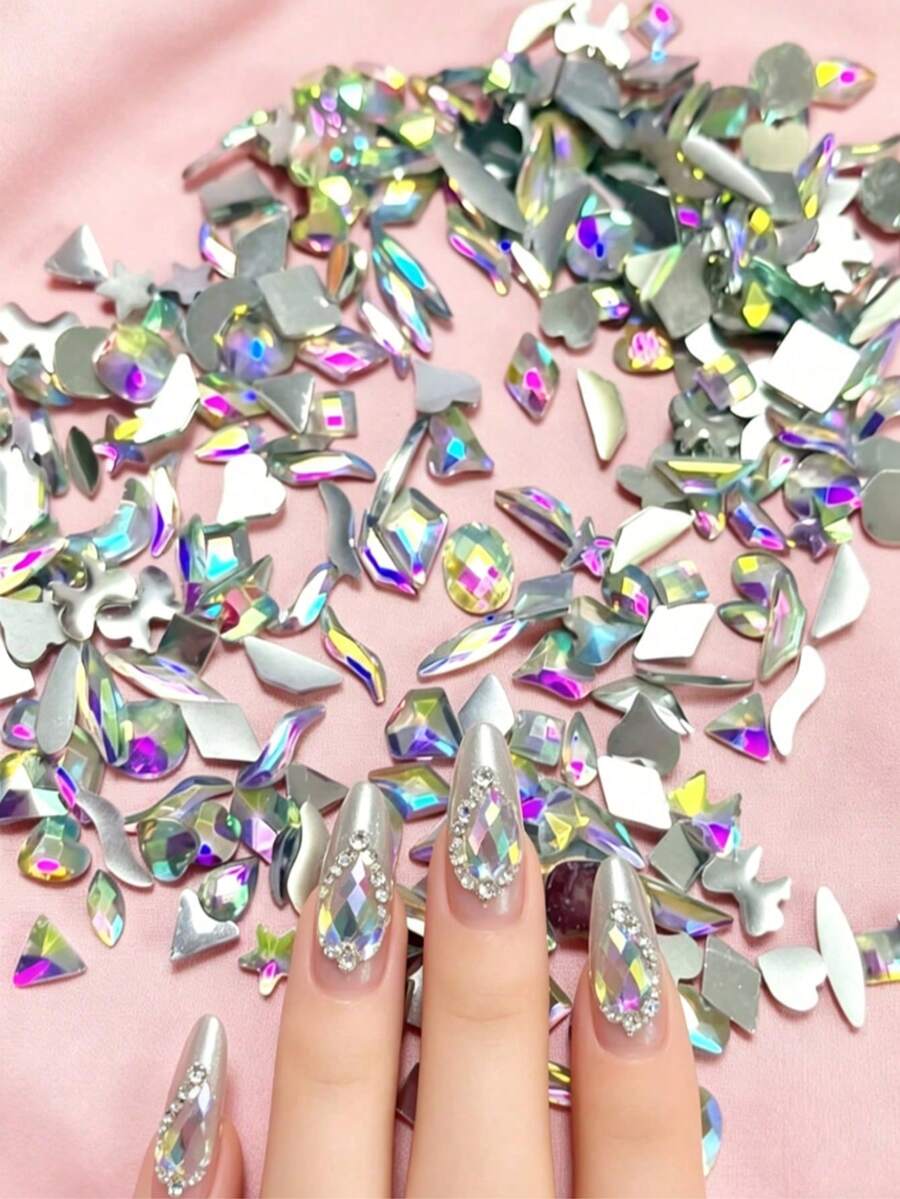 1 paquete de strass para uñas con forma asimétrica de luna, mariposa y estrella, base plana, color AB, accesorios brillantes de arte de uñas tipo diamante, aptos para dijes de uñas DIY multifunción - Multicolor - Ver 1