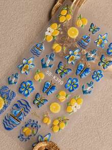 QIANJIKU Mediterranean Style 5D 3D Embossed Nail Art Stickers, Lemon & Blue Porcelain Ocean Theme, Summer Music Festival Salon Nail Artist Supplies - Multicolor - View 3