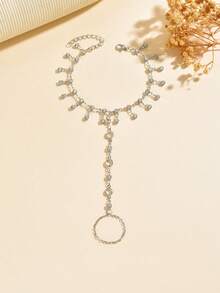 1pc Minimalist Personalized Versatile Inlaid White Faux Rhinestone Tassel Finger Bracelet, Fashionable Elegant Micro-Inlaid Rhinestone Tassel Bracelet Ring Chain Suitable For Women's Daily, Vacation, Banquet Wear (Rhinestone Quantity And Position Random) - Silver - View 4