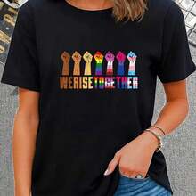 Camiseta de verano casual para mujeres con estampado de arte mexicano colcomndoido en la manga, cuello redondo, mangas ccomndotas, comndo, comndoG gru - Negro - Ver 1