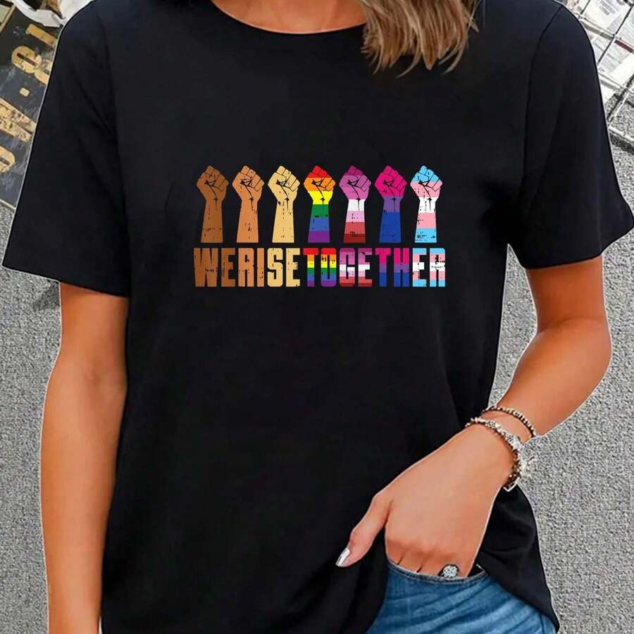 Camiseta de verano casual para mujeres con estampado de arte mexicano colcomndoido en la manga, cuello redondo, mangas ccomndotas, comndo, comndoG gru - Negro - Ver 1