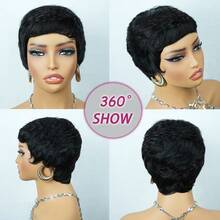 Wig Rambut Pendek Pixie Bergaya, Rambut Manusia Remy Peru, Wig Rambut Manusia dengan Poni, Jaring Elastis, Buatan Mesin Penuh, Cocok untuk Liburan, Pesta, Wig Lurus Berlapis, Warna Hitam, Warna Cokelat Tua, Warna 99# - MultiWarna - View 8
