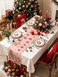 1pc 35*180cm/13.78*70.87inch Christmas Decorative Polyester Table Runner, Christmas Tree, Snowflake, Poinsettia, Bell, Gift Box, Bow, Snowman, Red Berry, Santa Claus Cartoon Pattern Design, Suitable For Home Dining Table Holiday Decor, Festive Atmosphere Christmas Tablecloth, Desktop Decorative Fabric - Multicolor - View 4