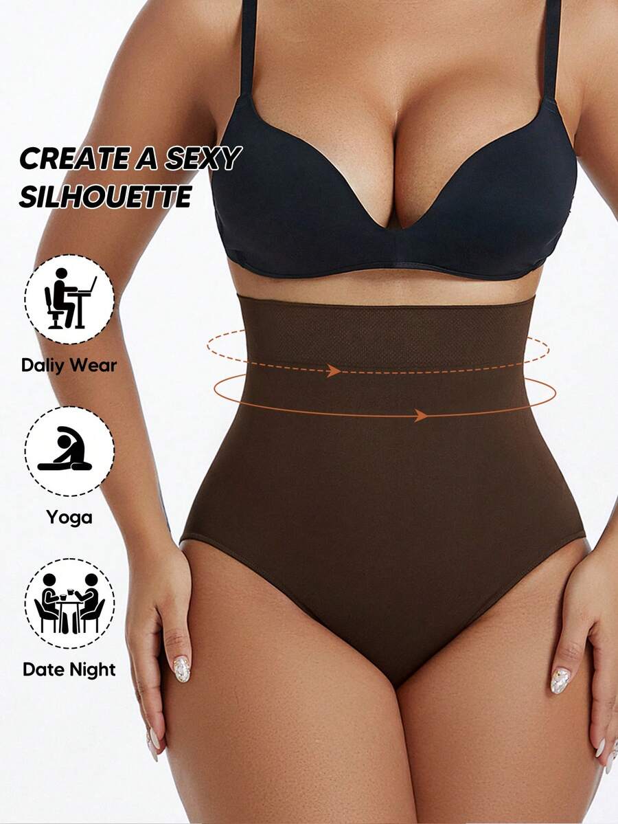 1pc Women's High Waist Seamless Shaping Panties, Breathable Tummy Control Butt Lifting Underwear - Coffee Brown - View 1