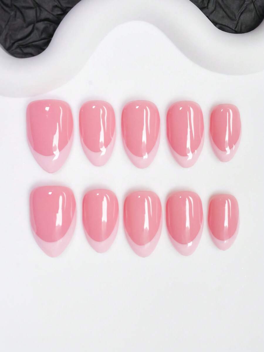 Almond-Shaped Handmade Press-On Nails, Y2K Hot Girl Style, Nude And Pink Nail Tips With Pink French Tip Design, Pure Handmade Press-On Nails, Suitable For Women And Girls, Glitter Nail Tips, 10 Pieces, 3 Sizes, Suitable For Parties, Balls, Daily Wear, Includes Tool Kit, Can Be Given As A Gift To Women And Girls. - Multicolor - View 1