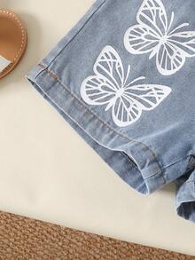 2pcs/Set Young Girls Casual Fashion Elegant Cute, Soft Comfortable, Minimalist Solid Color V-Neck Knit Vest And Butterfly Print Denim Sports Shorts, Girls Clothing Set, Children Girls Clothing, Girls Clothing, Girls Clothing, Suitable For Daily Wear, Home, Vacation, Party, Outdoor Activities - Multicolor - View 6