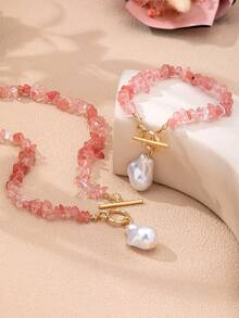 Summer Fresh Gradient Pink Crushed Stone Baroque Faux Pearl Necklace & Bracelet 2 Pieces Set, Beach Travel Photography Outfit Accessory With Light Luxury Vibe (Gift Box Not Included) For Kids - Pink - View 1
