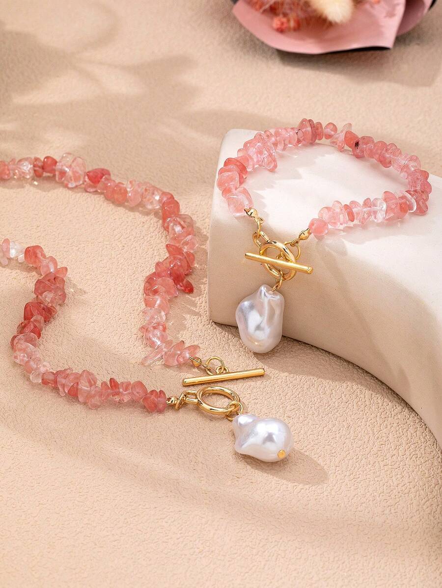Summer Fresh Gradient Pink Crushed Stone Baroque Faux Pearl Necklace & Bracelet 2 Pieces Set, Beach Travel Photography Outfit Accessory With Light Luxury Vibe (Gift Box Not Included) For Kids - Pink - View 1