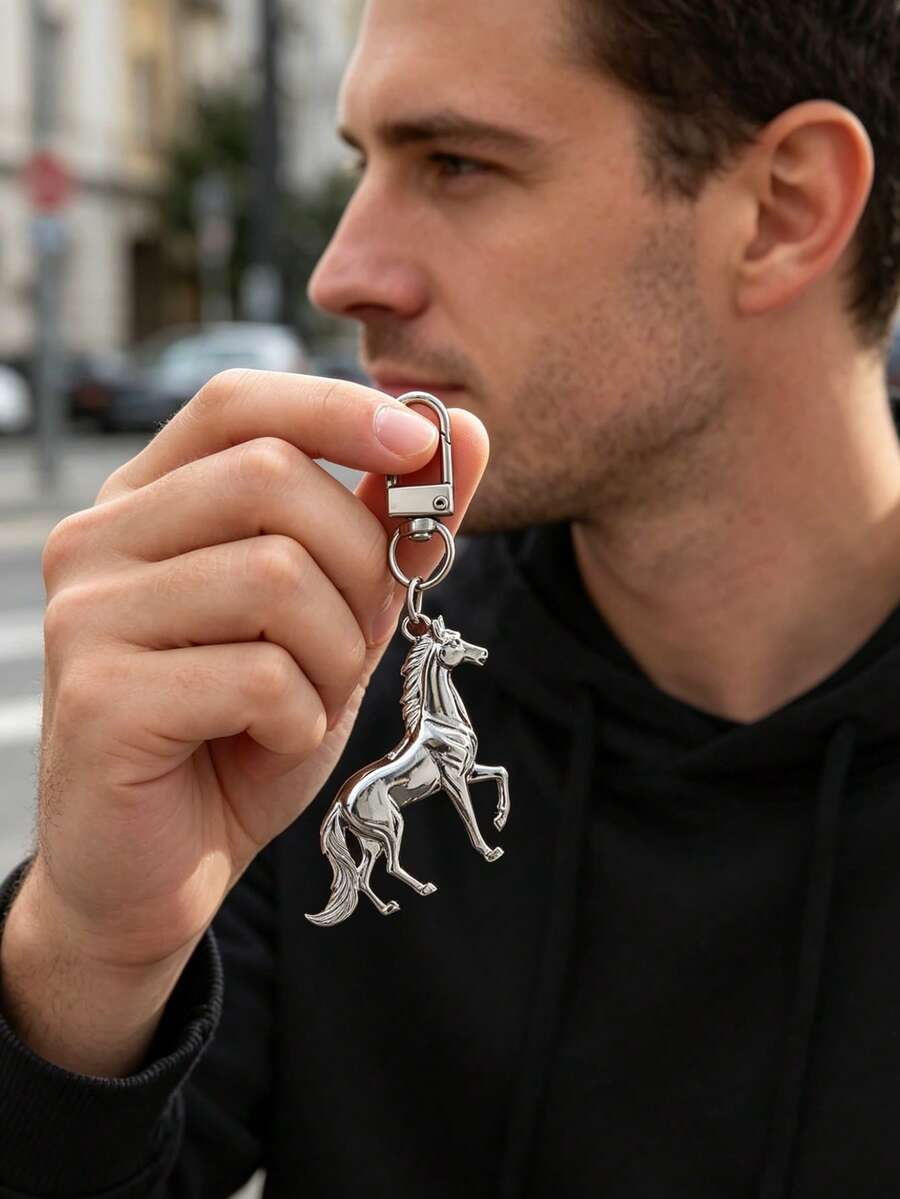 1pc Fashionable European & American Creative Versatile Personalized Animal Horse Keychain Bag Charm, Suitable For Men & Women Car Key Bag Pendant Decoration - Silver - View 1