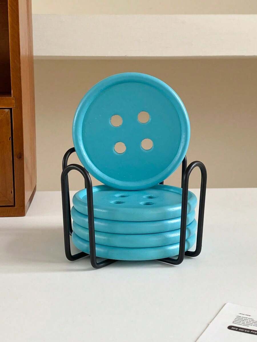 2026 Set Of 6 Colorful Wooden Coasters With Iron Stand, Home Decor Restaurant Cafe Gift For Friends - Blue - View 1