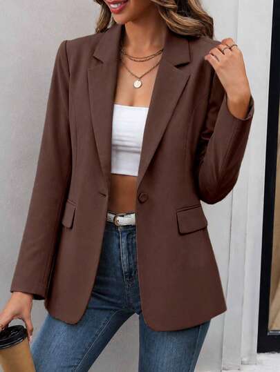 MICHELEE Blazer Feminino Alfaiataria Elegante com Botão Único e Bolsos Decorativos