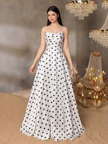 ALISA&LEO Fashionable Strapless Polka Dot Ball Gown Suitable For Teenagers, With Lace-Up Back Design, A-Line Length Floor-Length Formal Evening Dress, Suitable For Prom, Ceremony, Dinner Party, Celebration - White - View 4