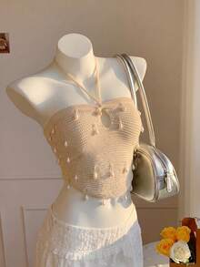 Solid Color Faux Pearl Detail Halter Neck Cutout Beach Knit Top - Apricot - View 6