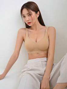 DAZY 1件装休闲舒适女士文胸，卡其色纯色无缝无钢圈文胸，柔软舒适 - 卡其色 - 查看 4