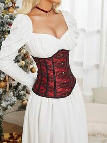 Court Retro Bohemian Red & Black Lace Waist Cincher Corset, Front Buckle Back Lace-Up Shaping Top, Sexy Hot Girl Outfit For Halloween Party - Burgundy - View 10