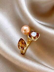 1pc French Minimalist Amber Rhinestone Geometric Pearl Open Ring, Exquisite Elegant Fashion High-End Ring Hand Jewelry, Daily Wear Pearl Ring Hand Jewelry - Ring - View 4