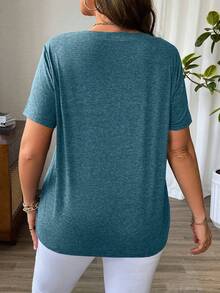 Plus Size - Plus Size - Casual Solid Color Crossover V-Neck Short Sleeve T-Shirt For Summer - 深青色 - 查看 2