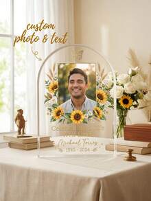 1pc Personalized Acrylic Photo Plaque, Customized Photo & Text Sakura Asymmetrical Floral Memorial Keepsake, Acrylic Photo Frame, Heartfelt Condolence Bereavement Gift, Funeral Memorial Table Decor, Funeral, Memorial Ceremony - Multicolor - View 6
