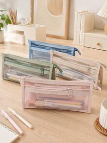 Tempat Pensil Jala Warna Polos (4 buah/1 buah) - Tas Penyimpanan Alat Tulis Minimalis Transparan Bentuk Segitiga dari Nilon dengan Resleting Ganda, Kapasitas Besar, Cocok untuk Siswa Kembali ke Sekolah, Kantor, dan Penggunaan Ujian. - A - View 2