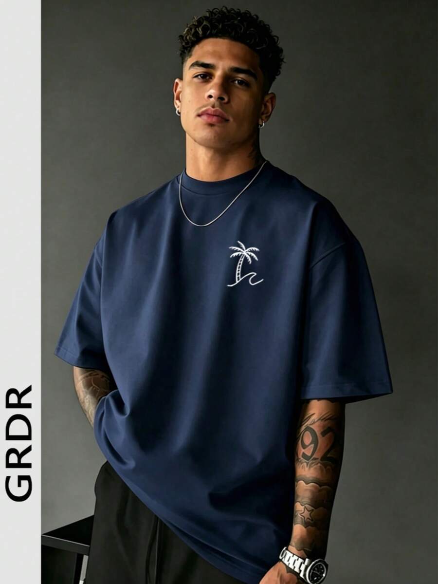 GRDR Men's Round Neck Fashionable Palm Tree Printed Short Sleeve T-Shirt, Casual - Navy Blue - View 1