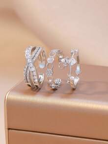 3pcs Elegant Fashion Cubic Zirconia Butterfly Heart Line Ring Set, Geometric Decor Open Ring Set, Suitable For Women's Daily, Holiday, Banquet, Wedding Wear And Decoration, As Birthday Gift - Silver - View 2