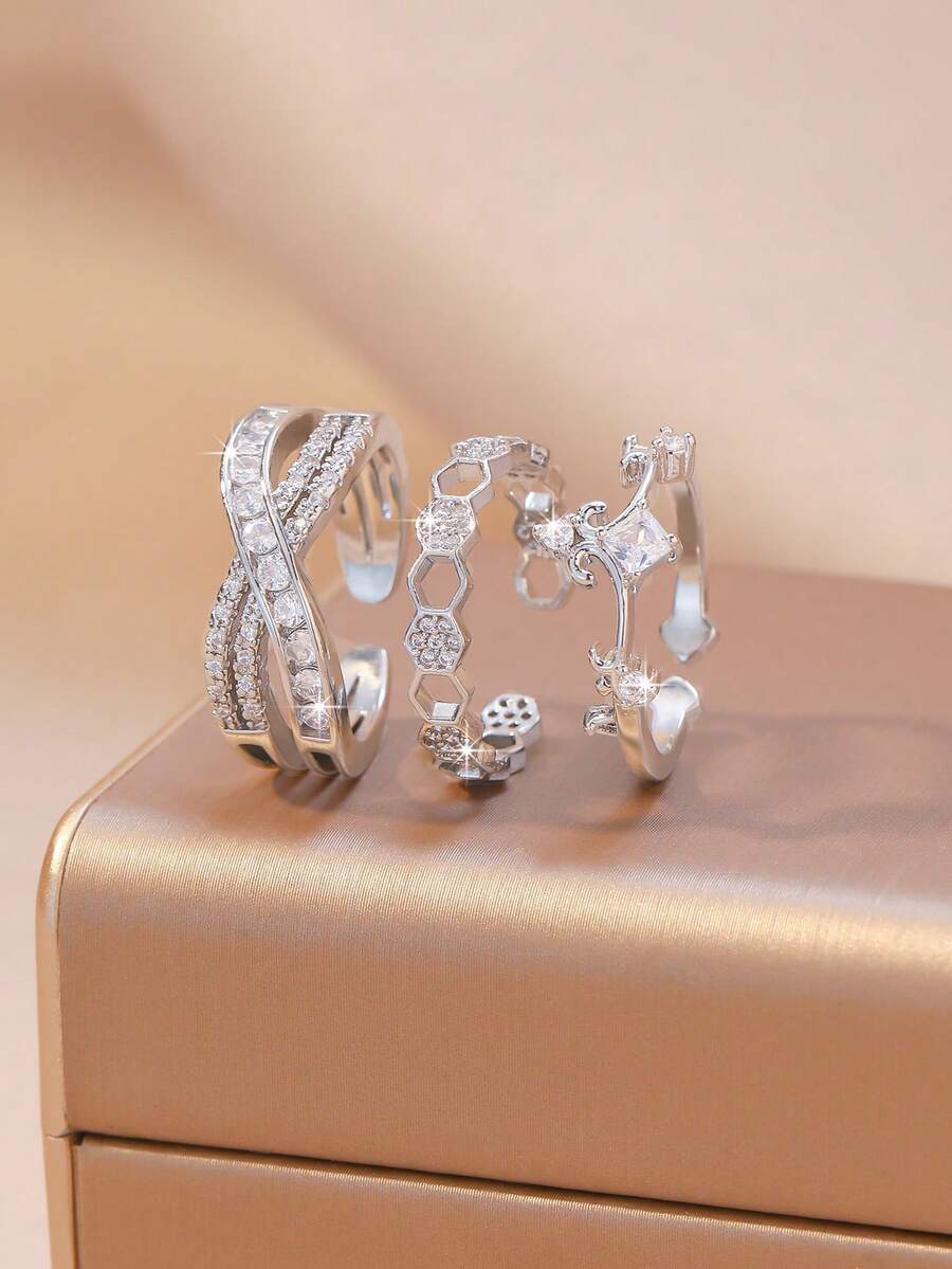 3pcs Elegant Fashion Cubic Zirconia Butterfly Heart Line Ring Set, Geometric Decor Open Ring Set, Suitable For Women's Daily, Holiday, Banquet, Wedding Wear And Decoration, As Birthday Gift
