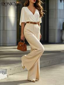 DONICY Women's Beige High Waist Split Hem Flare Pants - Elegant Formal Office Work Trousers - Apricot - View 11