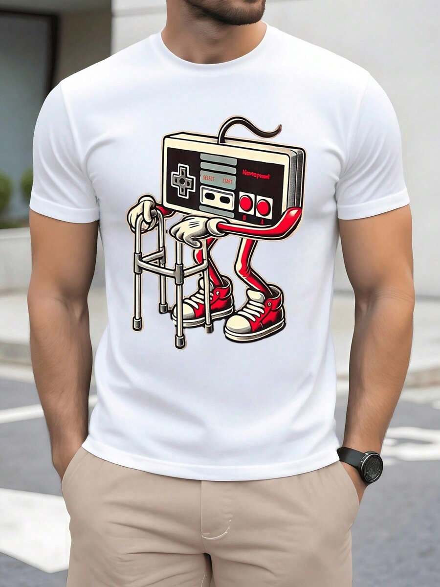 A Retro Controller Transformed Into A Character With A Cane Symbolizes The Nostalgia Of Classic Video Games, Showing Humor And Affection For The Gamer Passion That Has Accompanied Generations. - White - View 1