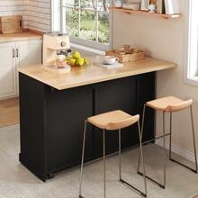 Kitchen Island On Wheels With Fold-Down Worktop, Serving Cart With Bin, 4-Tier Spice Rack, 2 Drawers And Lockable Casters, 120 * 45 (70) * 93 Cm - 黑色 - 查看 5